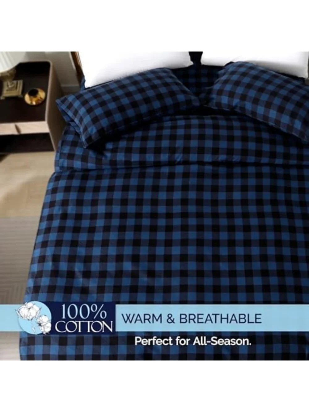 Cozy Buffalo Check Plaid Flannel Sheet Set, Full Size, Soft Blue Bedding